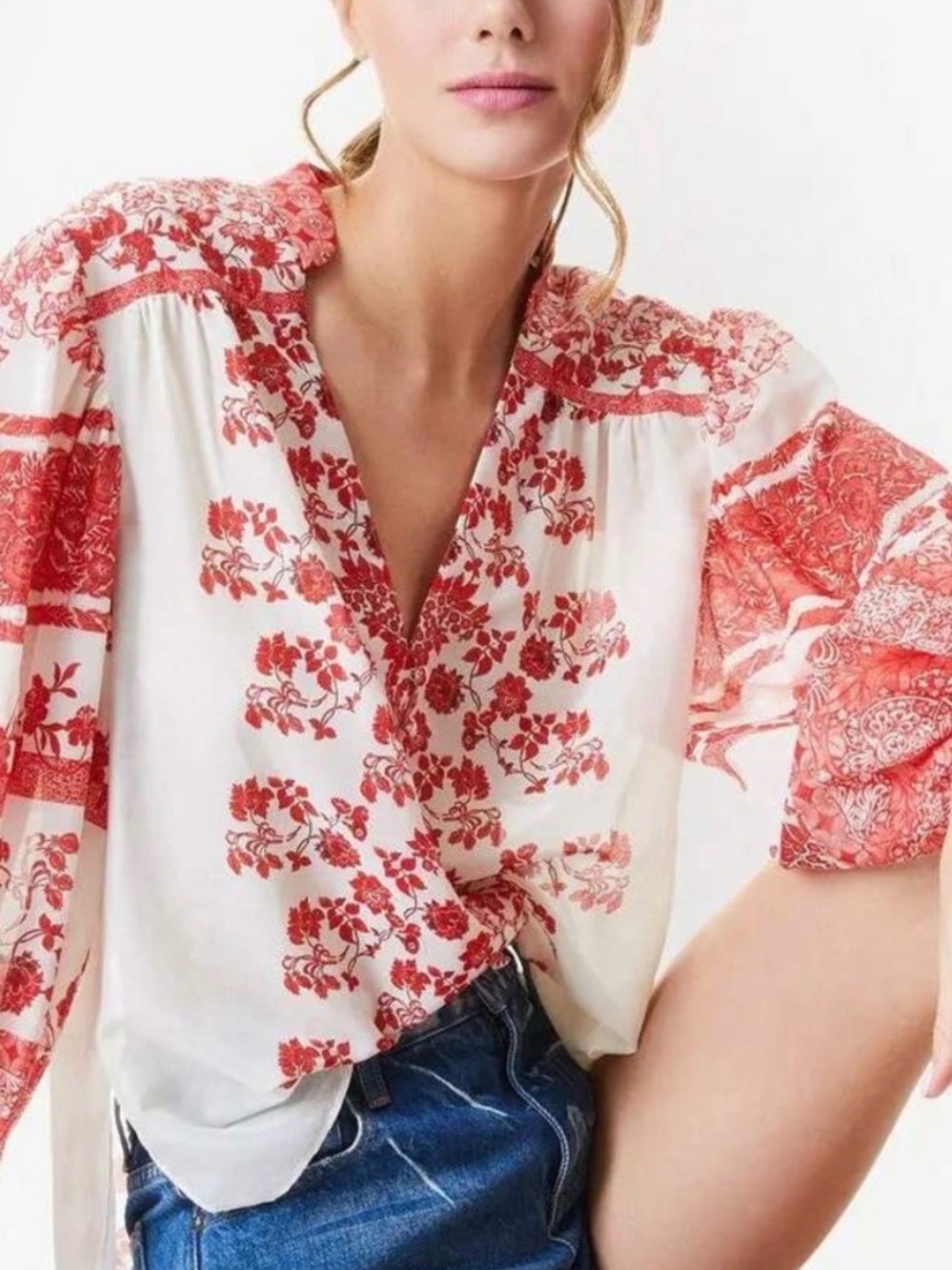 Alice + Olivia Cream Red Floral Cotton Blouse sz S